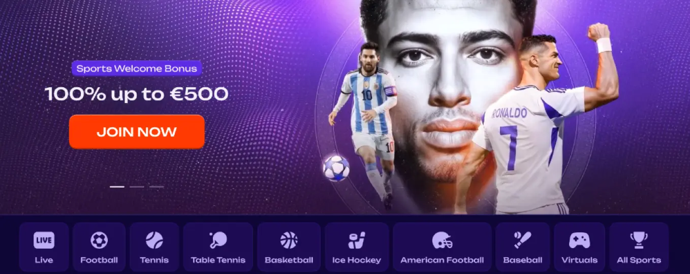 Baner „Sports Welcome Bonus” 100% do 500 € z pomarańczowym przyciskiem Join Now, na fioletowym tle z grafiką piłkarzy; na dole pasek kategorii sportów (Live, Football, Tennis, Basketball i inne)